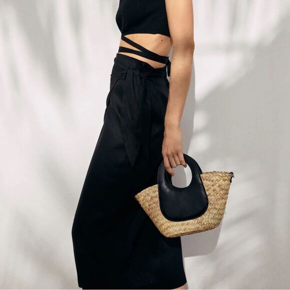 Mango 100% Linen Pareo Wrap Skirt Black - Picture 6 of 13